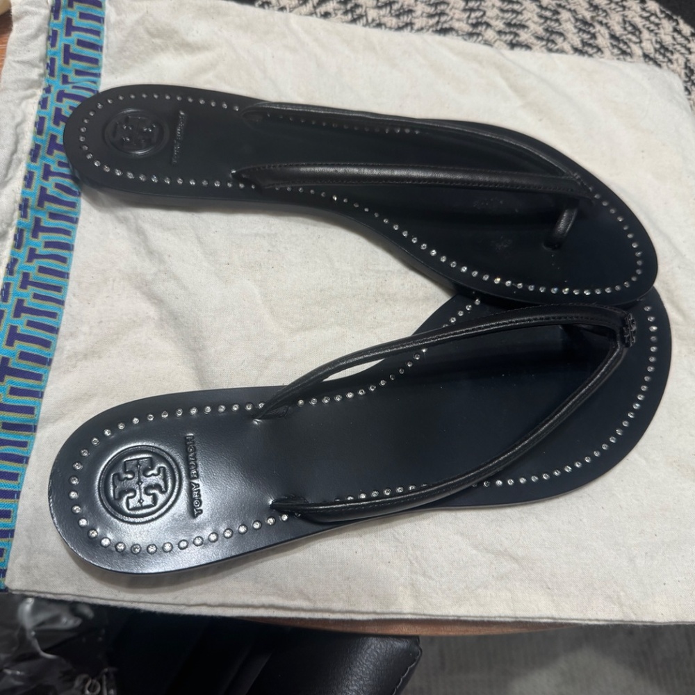 Tory Burch Black Studded Flip Flop Sandals - Picture 2 of 3